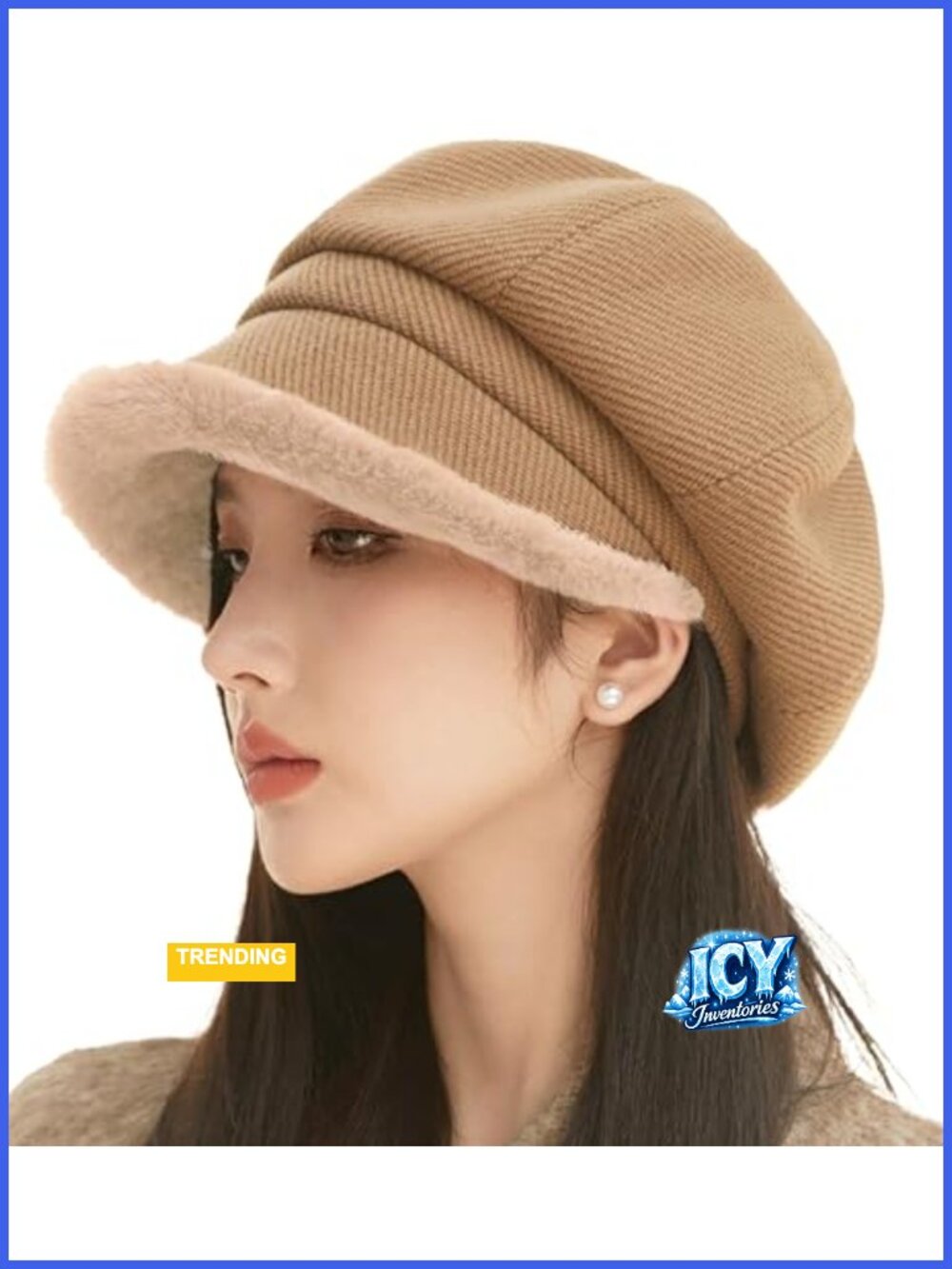 Fleece Lined Beret Newsboy Cap Warm Winter Hat Fur Trim